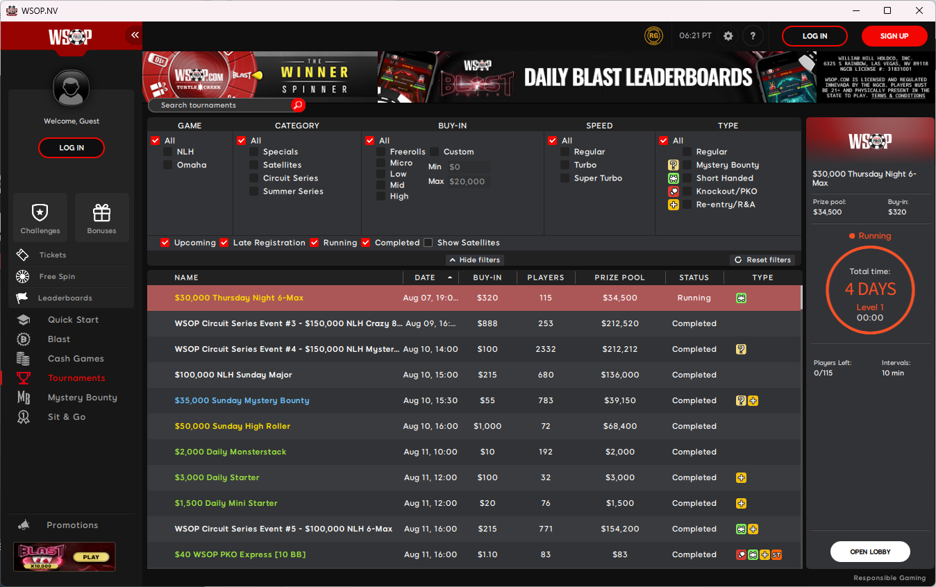 Extensive Tournaments featuring a variety of buyins